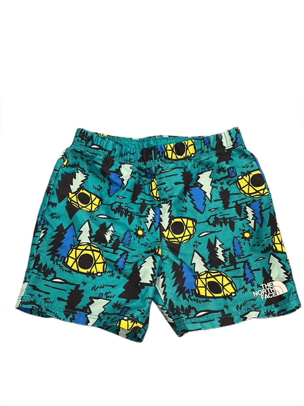 The North Face Teal Graphic Camp Shorts with Yellow & Blue Print